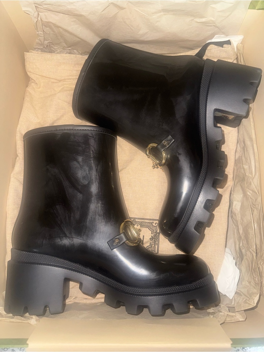 Gucci Black Patent Chunky Lug Ankle Boots with Gold Hardware